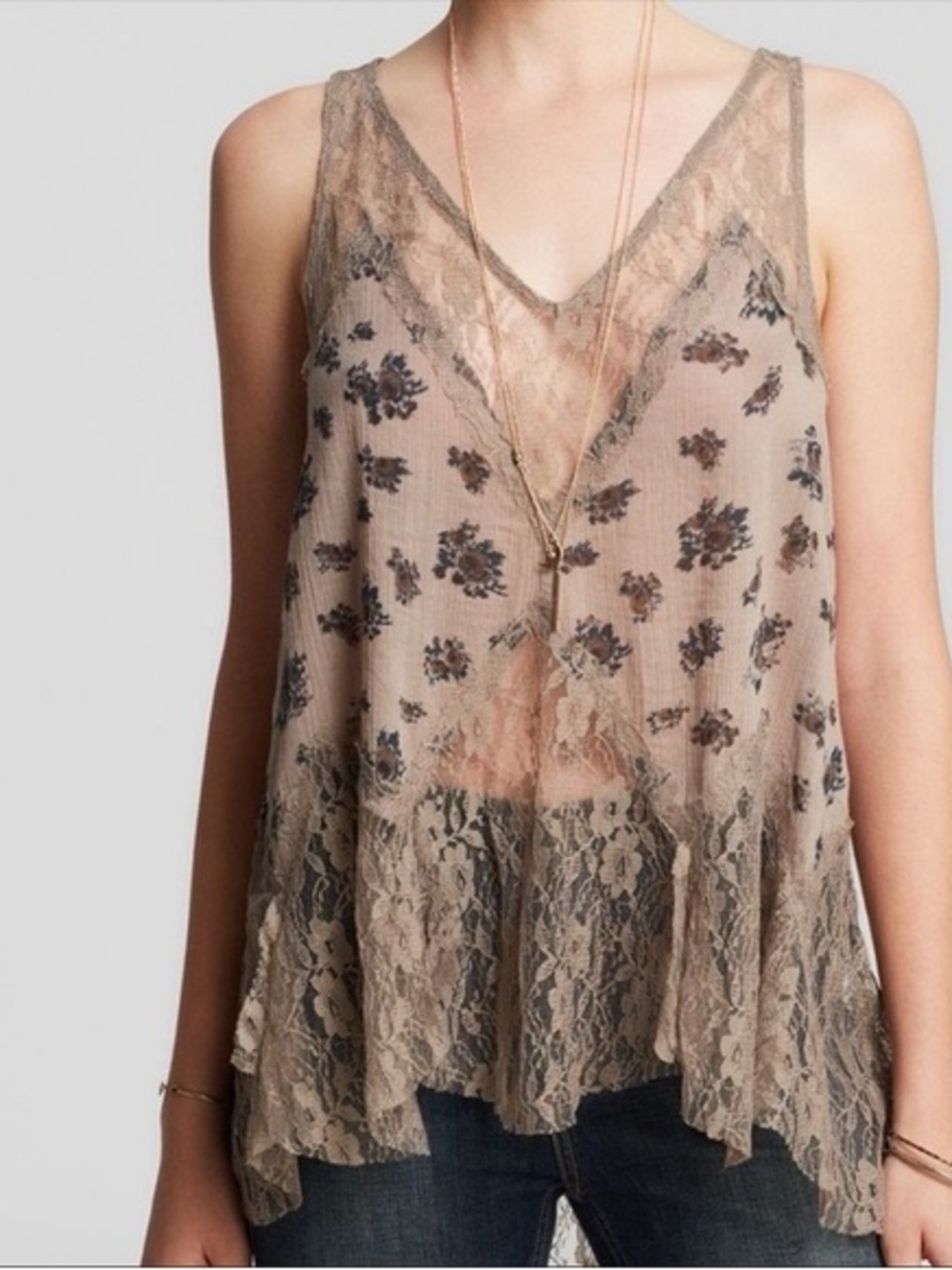 Free People Floral Lace Inset Trapeze Tank Top Size Medium